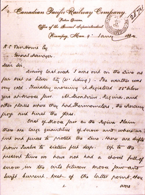 Image of memo to Van Horne dated January 9, 1884.